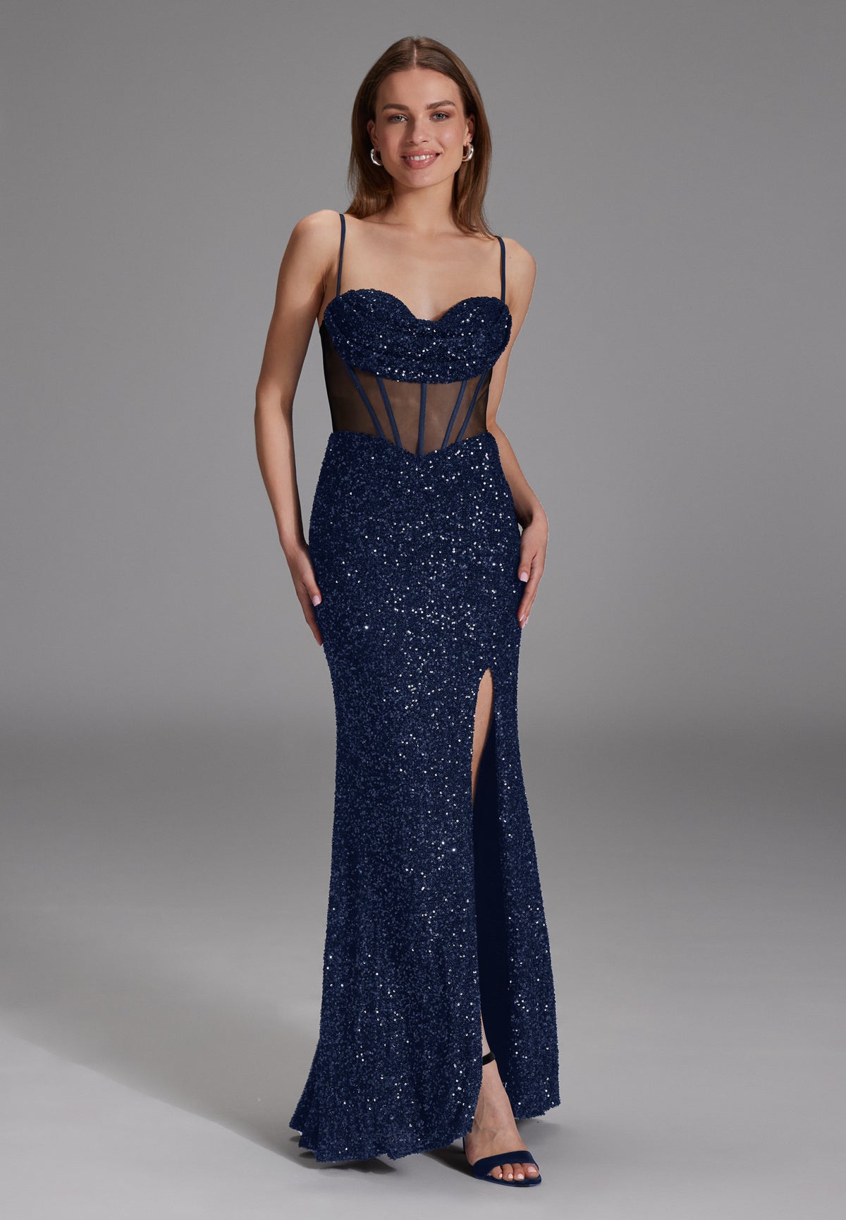 Paillettenkleid mit Taillenpart in See-through Optik navy