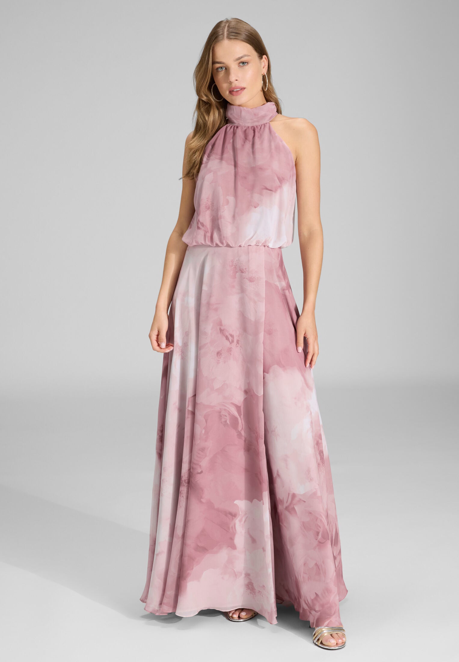 Abendkleid mit blusigem Top aus floral bedrucktem Chiffon vintage pink | multi