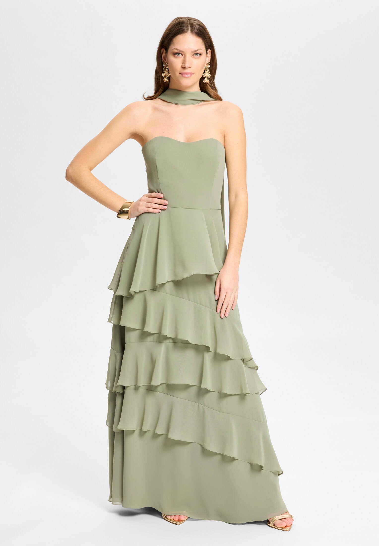 Abendkleid aus Chiffon mit Volants khaki green