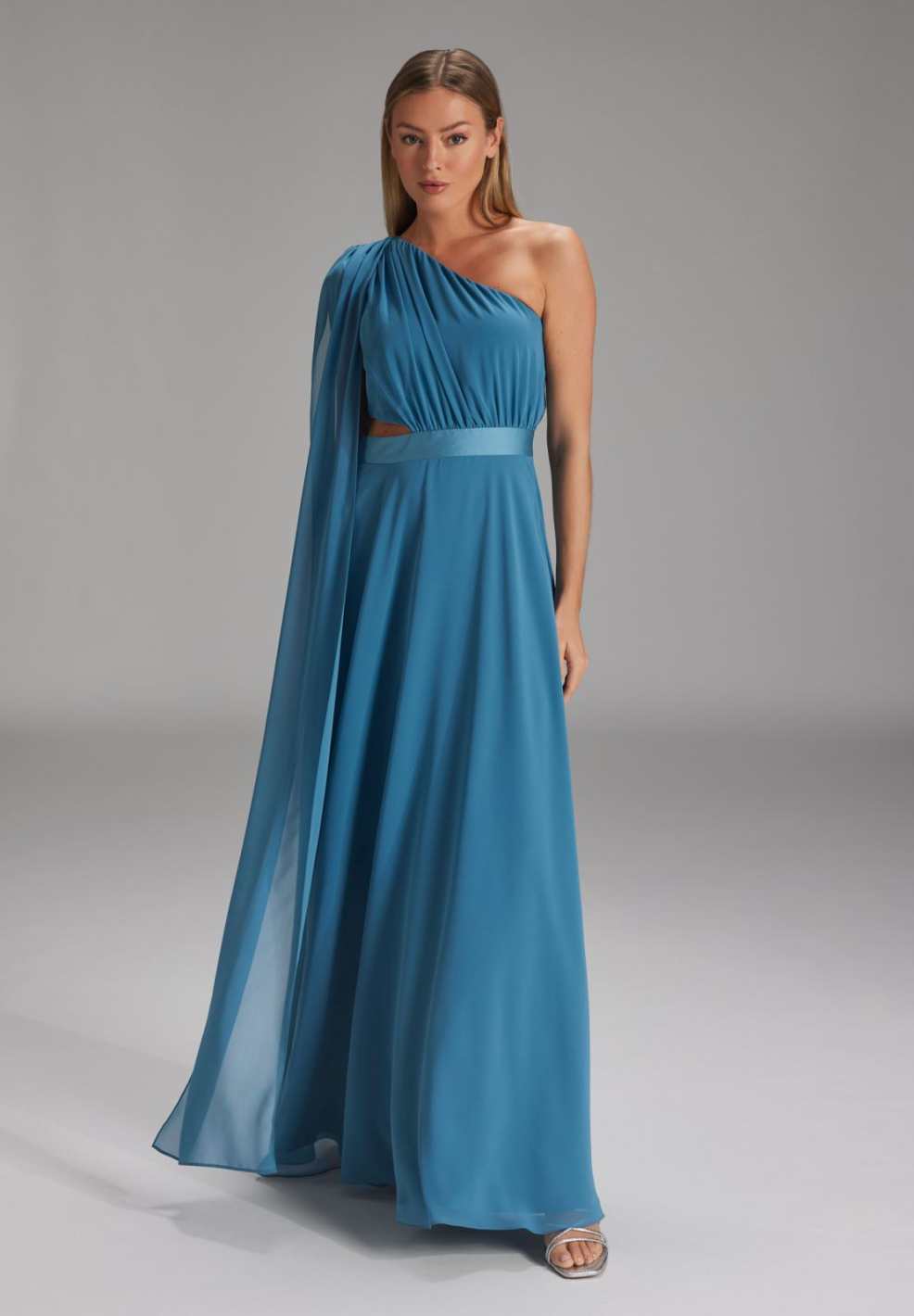 One-Shoulder-Maxikleid aus nachhaltigem Chiffon aqua blue