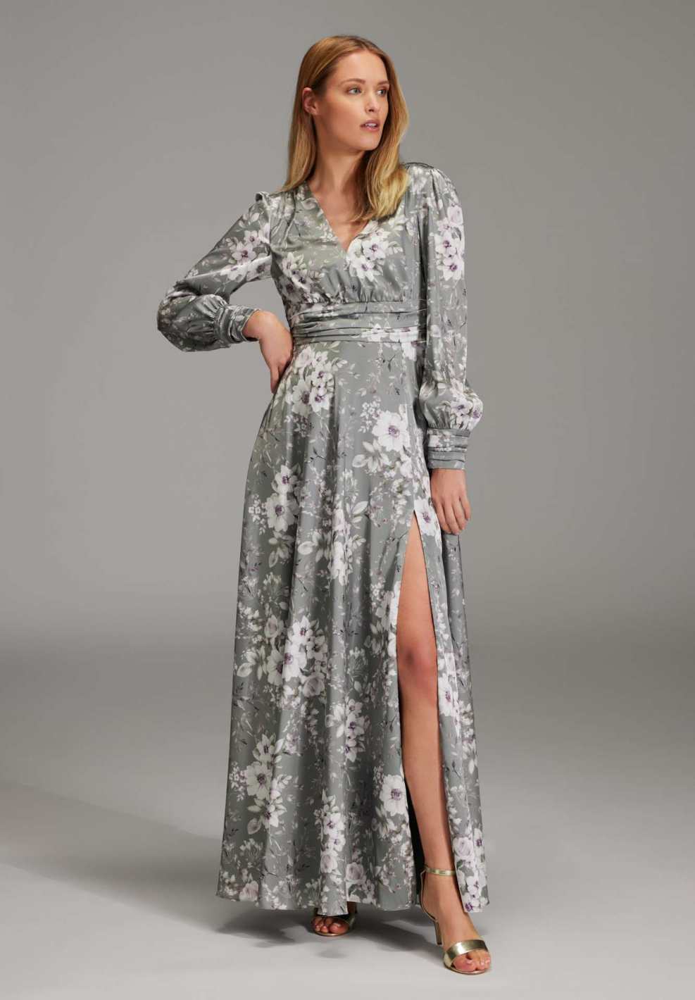 Abendkleid mit aus floral bedrucktem Satin mit Raffdetails