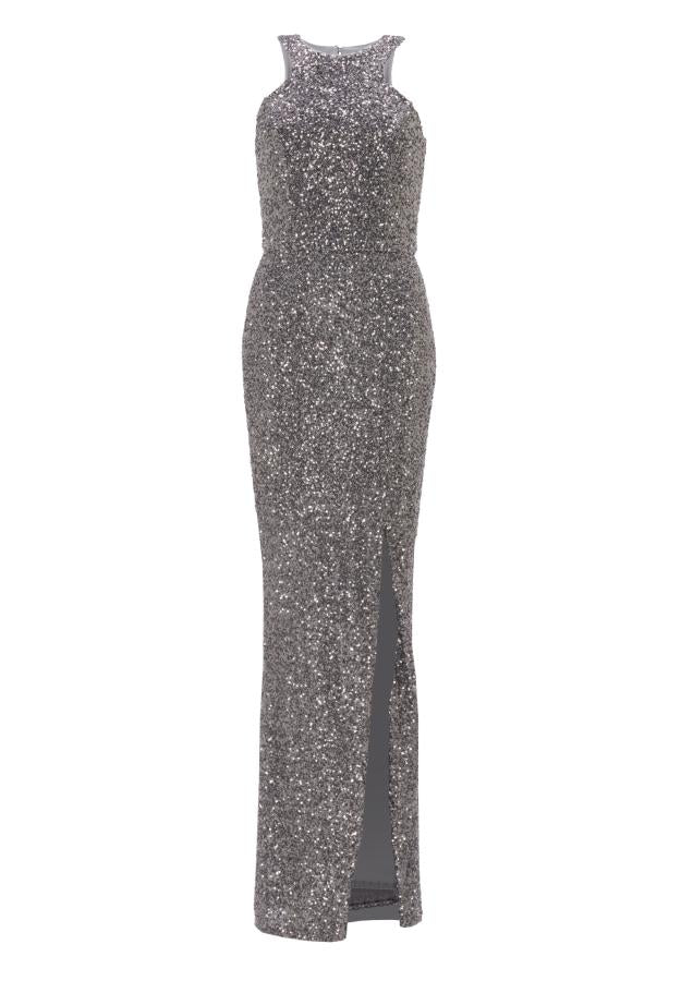 Abendkleid aus elastischer Paillette mit Racer- Back Ausschnitt und Beinschlitz