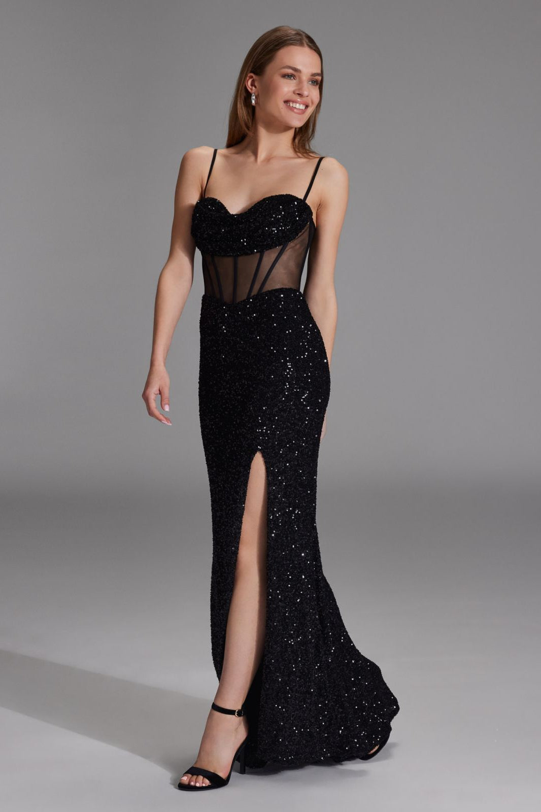 Paillettenkleid mit Taillenpart in See-through Optik