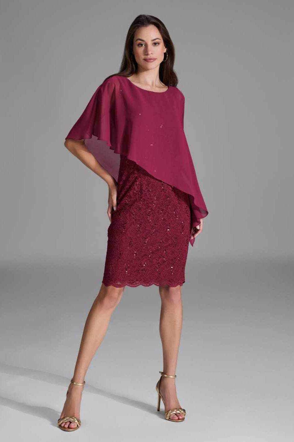 Pailletten-Kleid mit asymmetrischem Chiffon-Überwurf ruby red