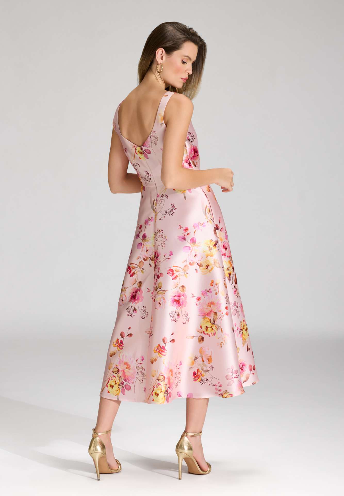 Cocktailkleid mit Karree-Ausschnitt aus floral bedrucktem Twill