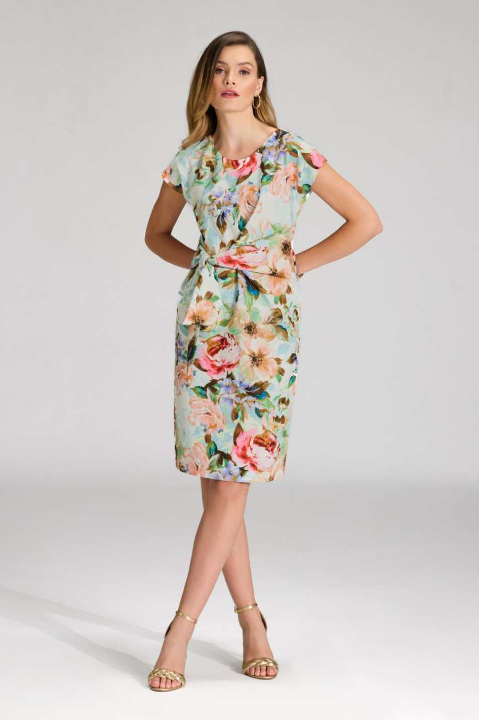 Etuikleid mit Knotendetail aus leichtem Scuba mit Blumendruck ivory multi