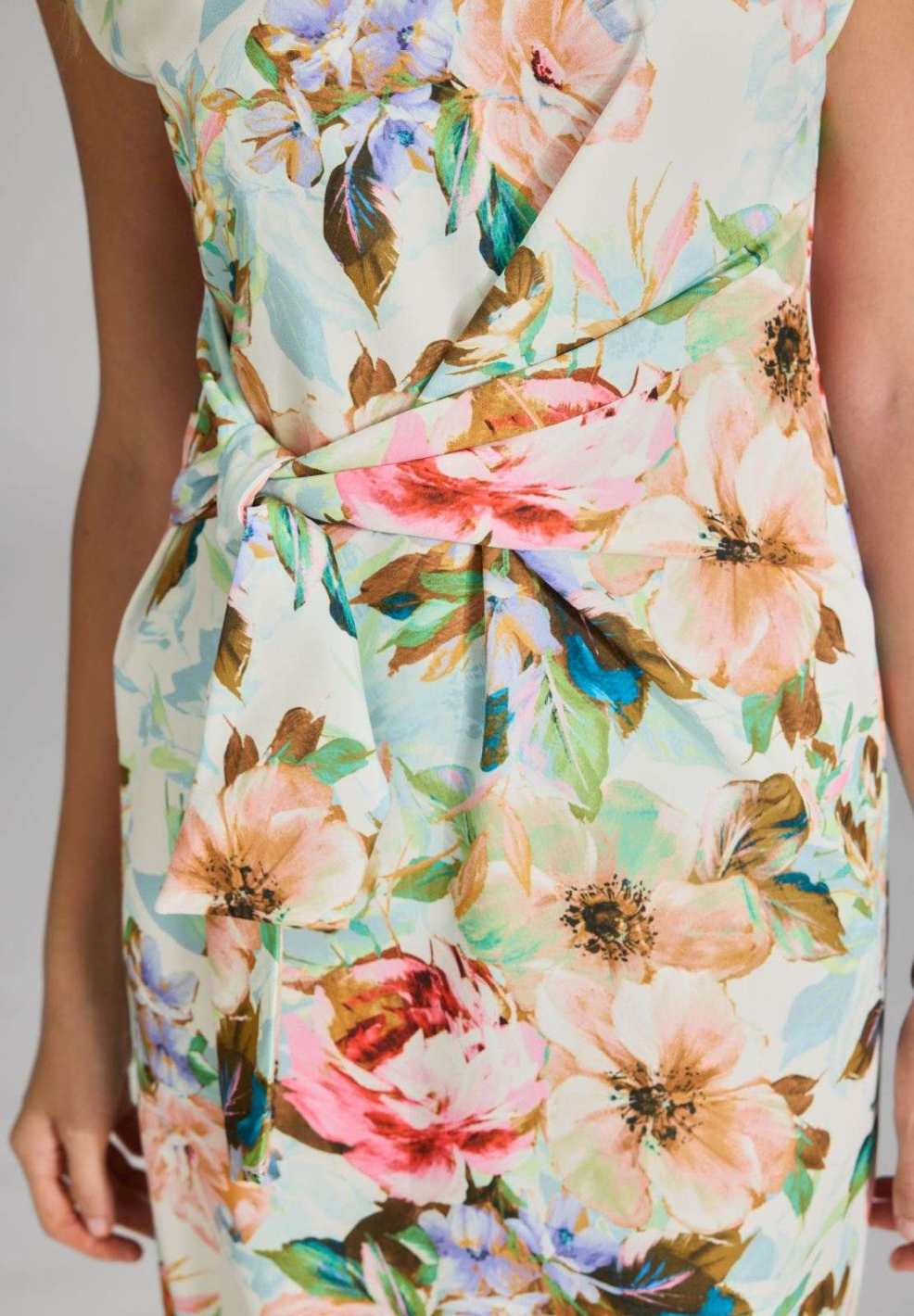 Etuikleid mit Knotendetail aus leichtem Scuba mit Blumendruck