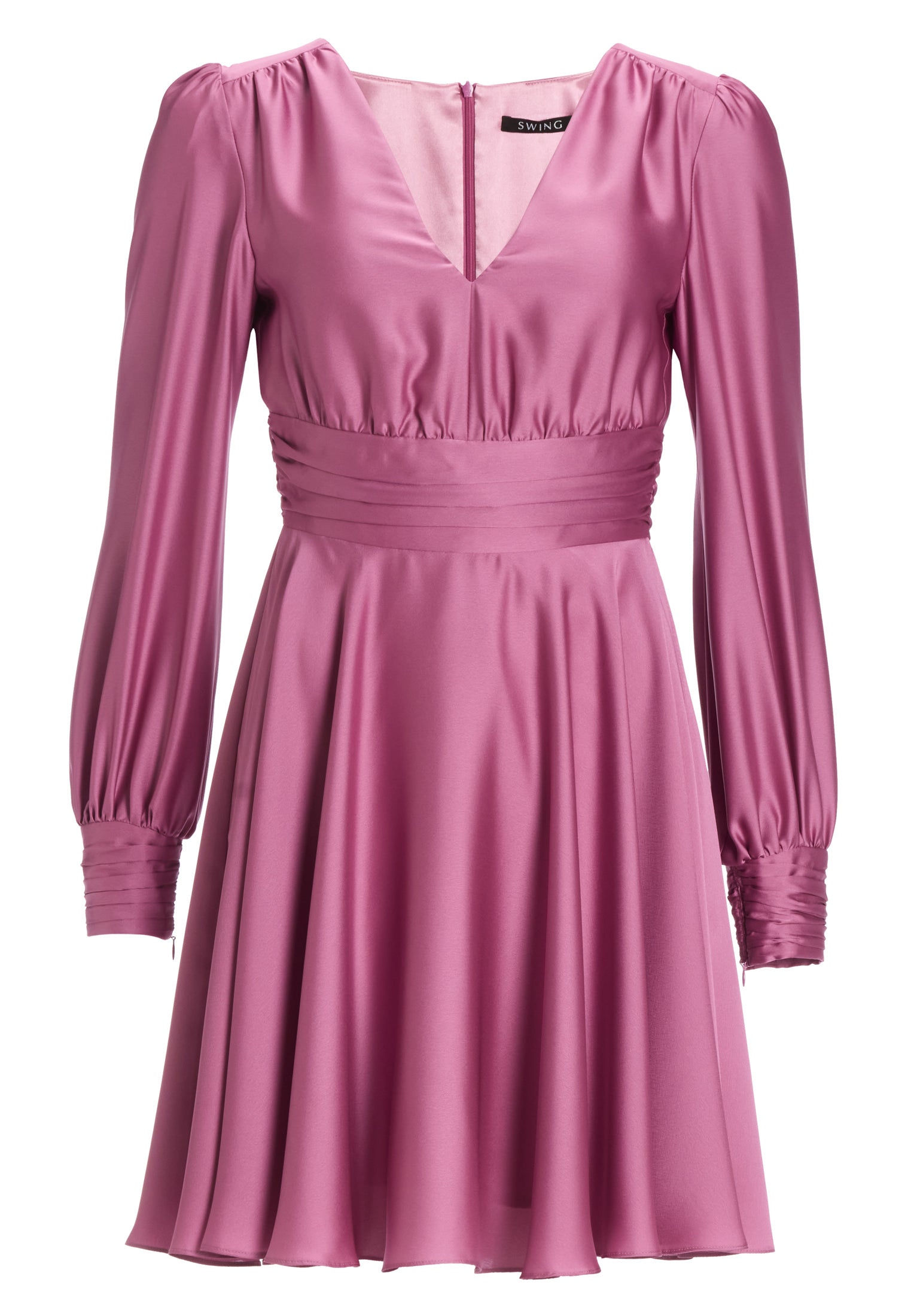 Cocktailkleid aus nachhaltigem Satin mit langen Ärmeln und Raff Details