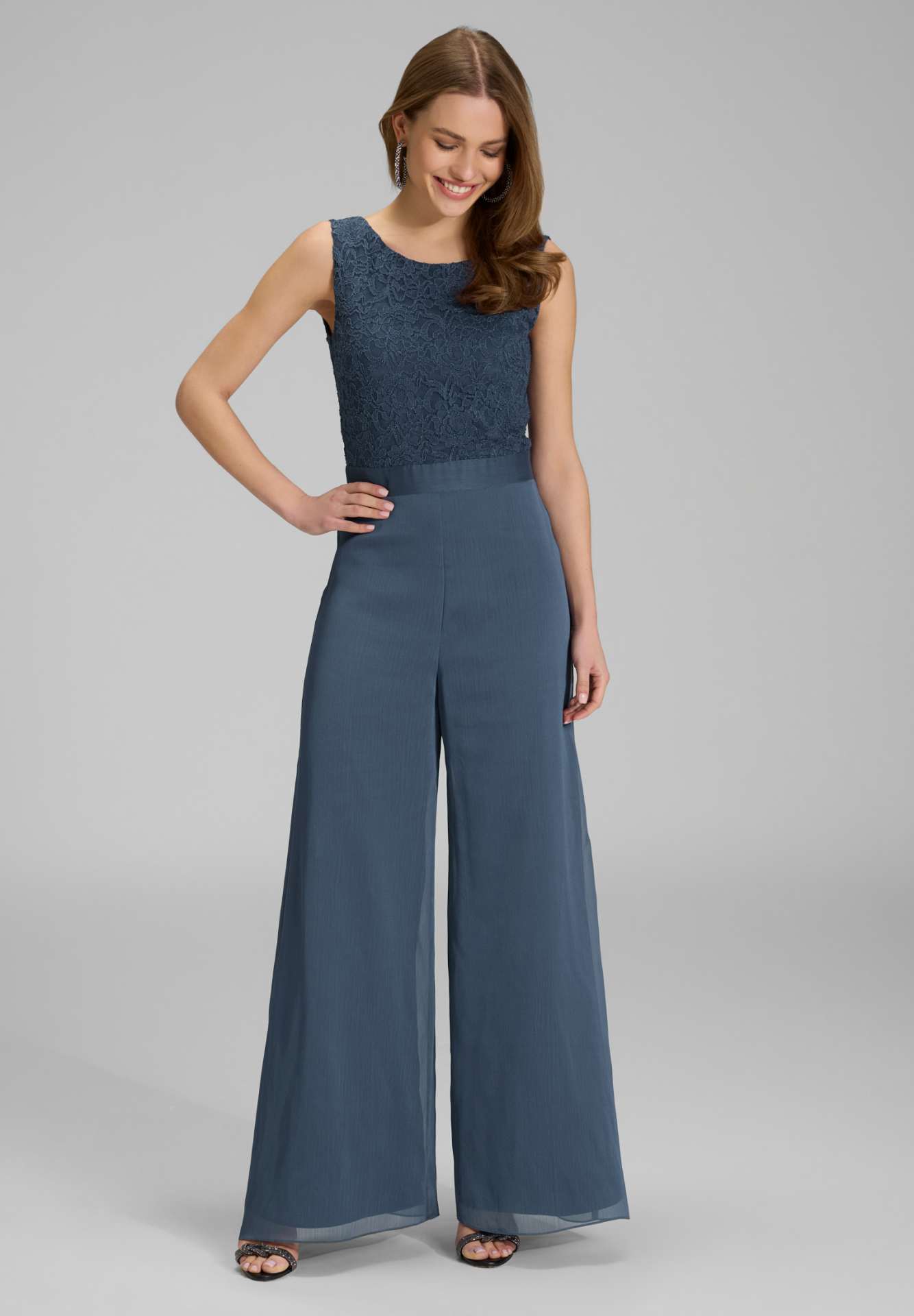 Jumpsuit mit weitem Bein und Oberteil aus elastischer Spitze timeless blue