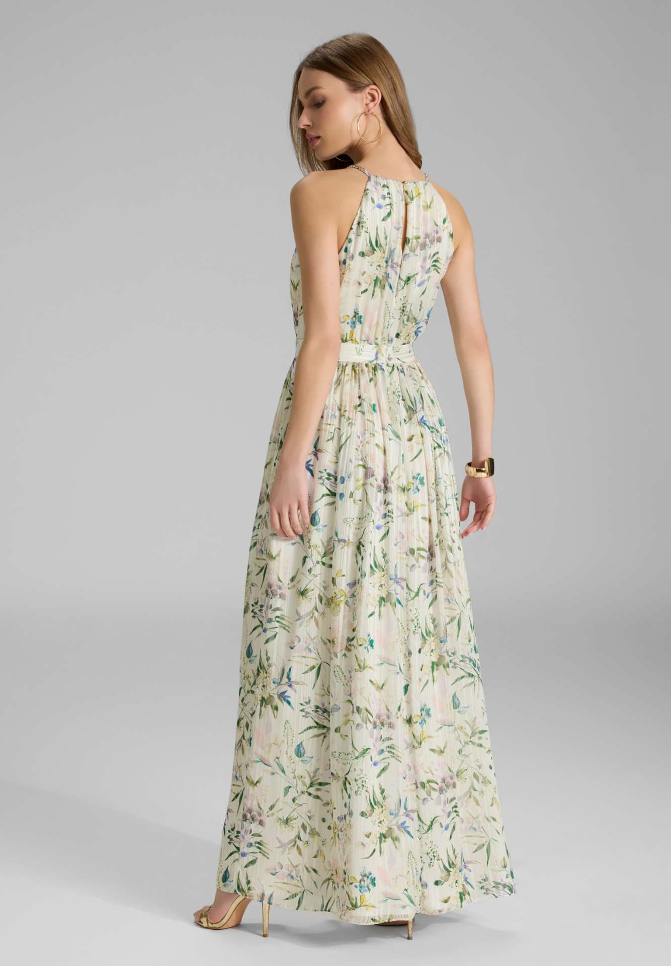 Abendkleid aus bedrucktem Chiffon mit Glitzerstreifen und Zierträgern