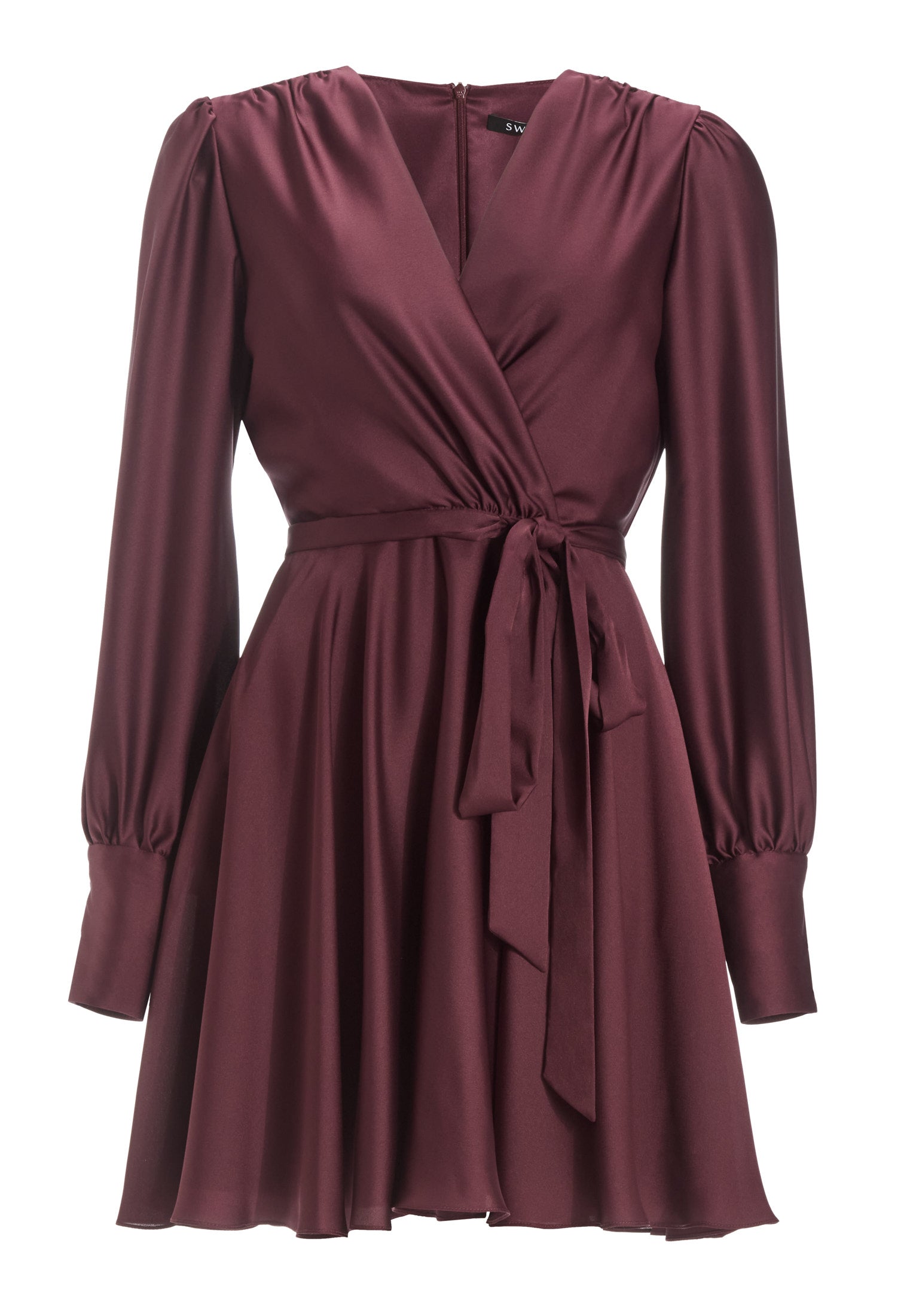 Cocktailkleid aus Satin mit breiten Manschetten, Wickel Oberteil und Tellerrock