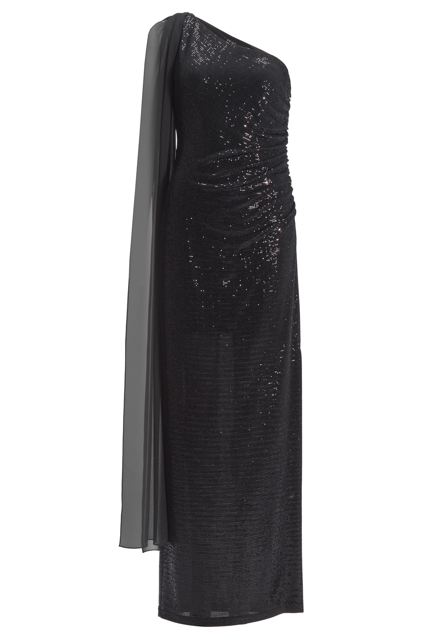 One-Shoulder Abendkleid aus foliertem Jersey mit Chiffon Schal