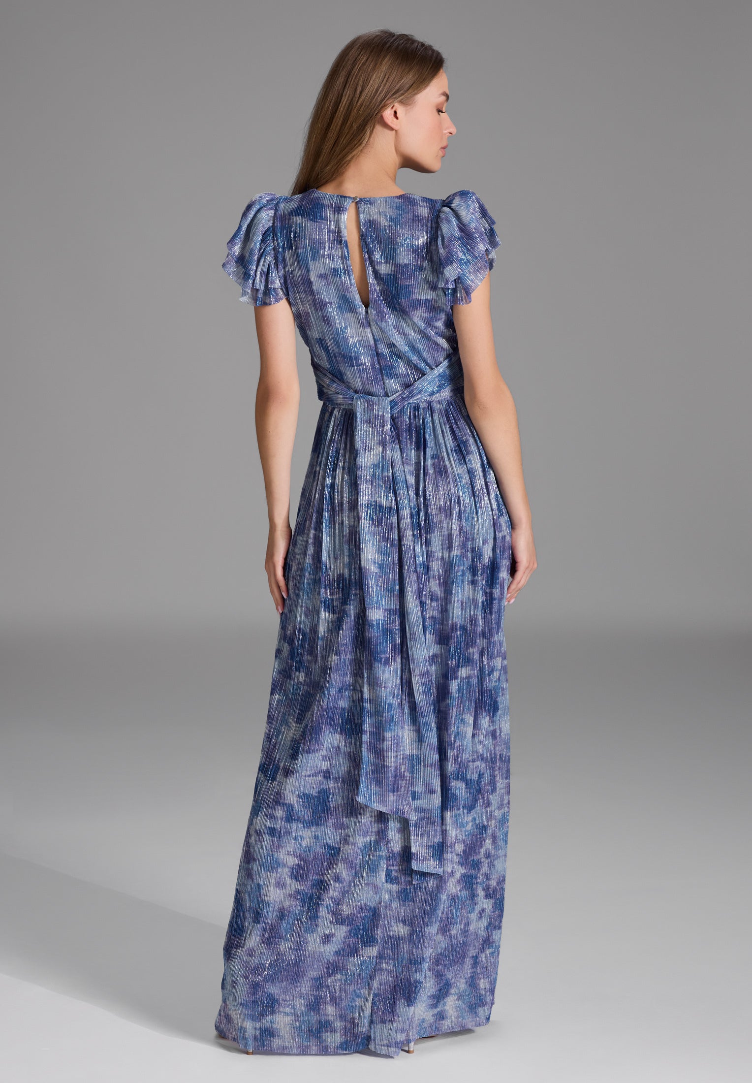 Abendkleid aus bedrucktem Jersey Plissee mit Metallic Faden