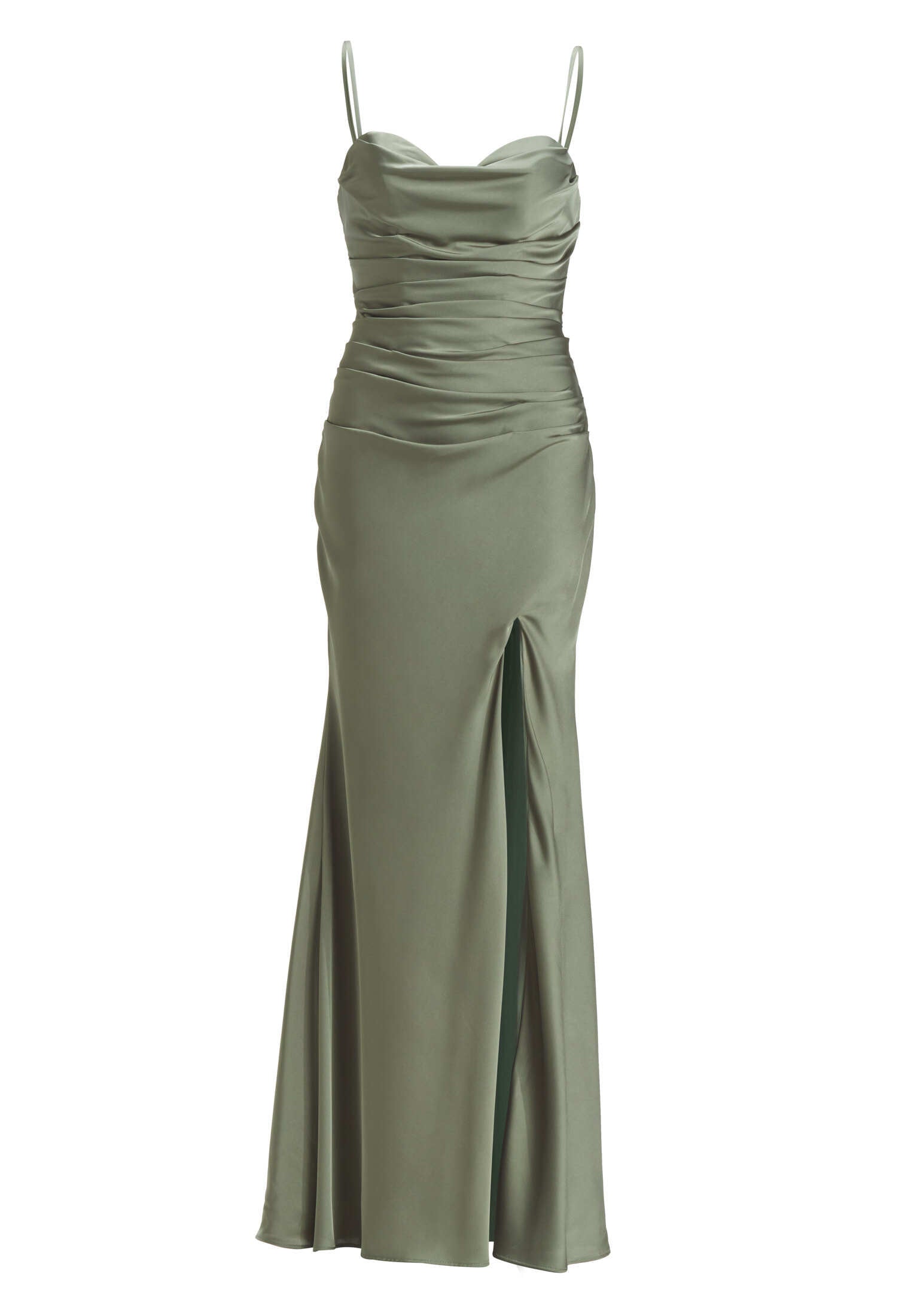 Figurbetontes Abendkleid mit Drapierung und Beinschlitz