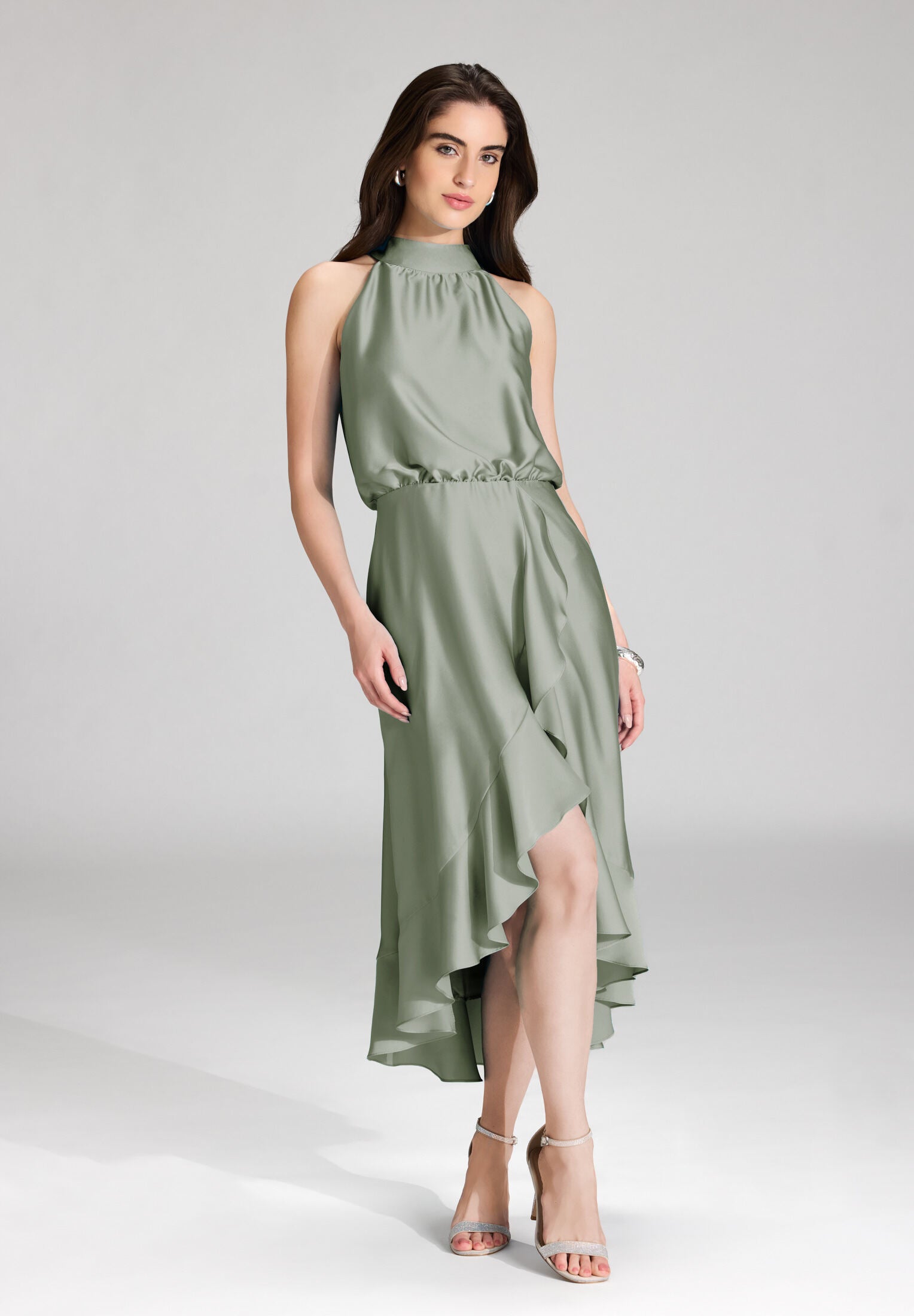 Cocktailkleid aus Satin mit Volant pistachio green