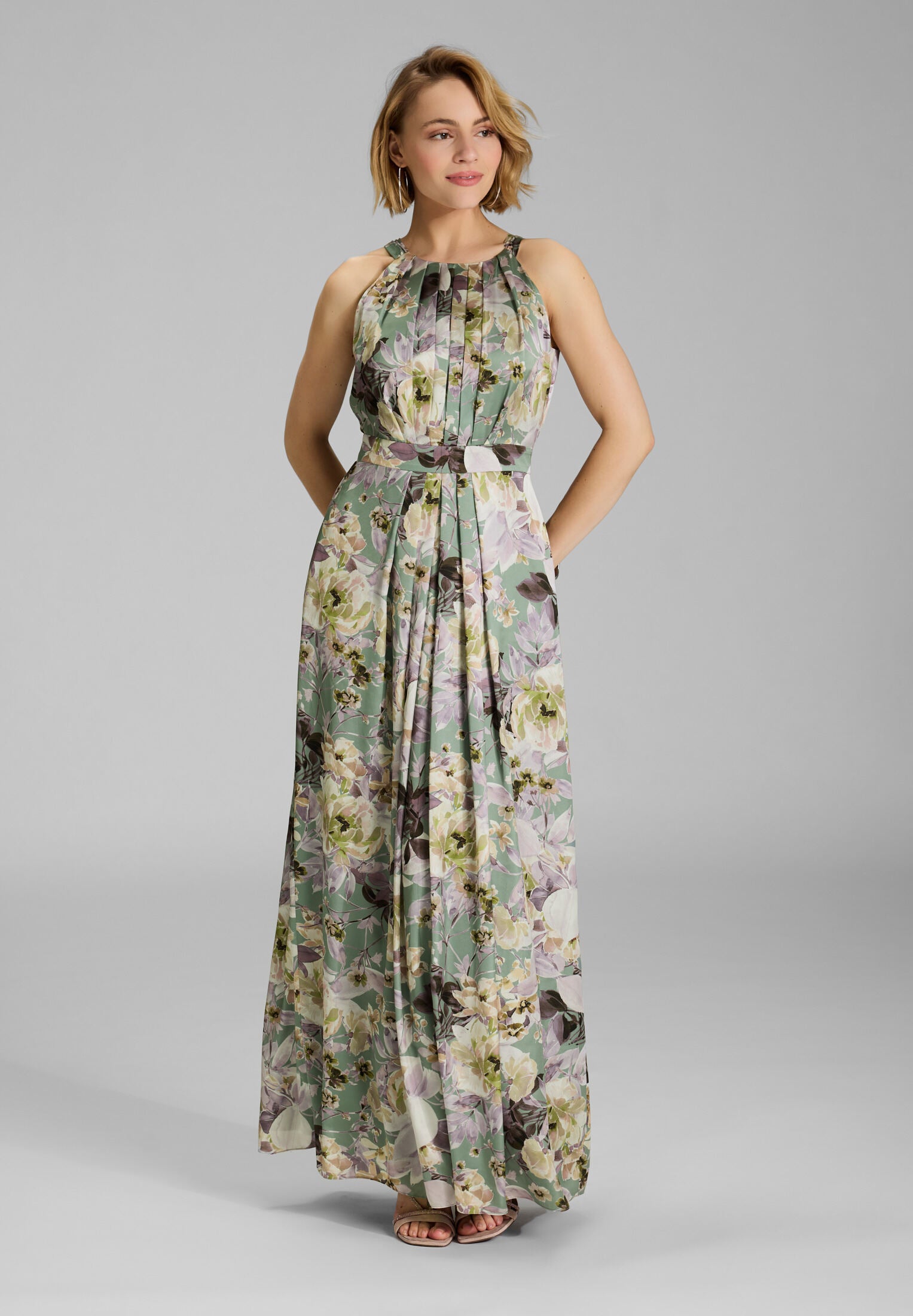 Maxi Kleid mit amerikanischem Ausschnitt aus nachhaltigem bedruckten Satin deep slate | multi