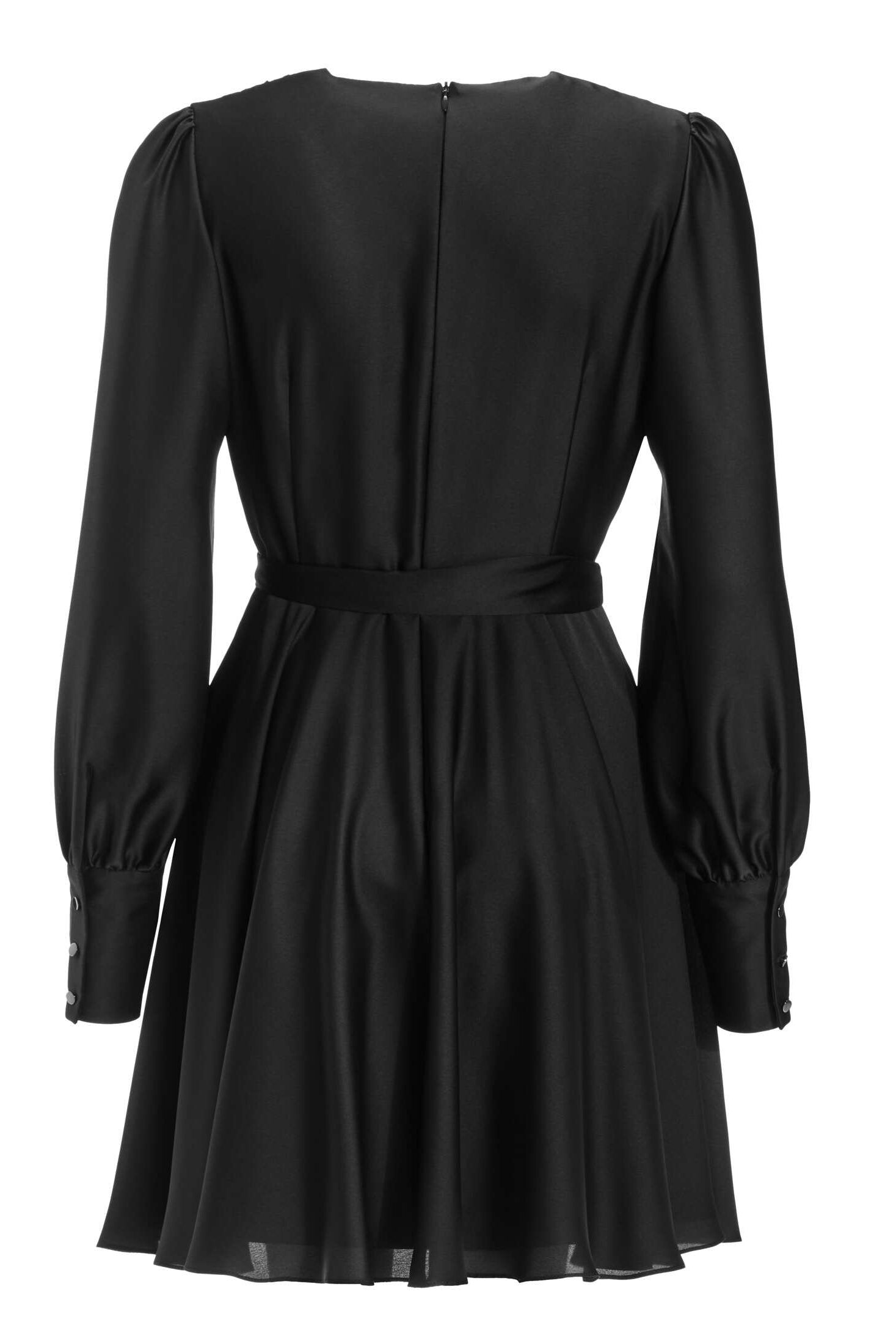 Cocktailkleid aus Satin mit breiten Manschetten, Wickel Oberteil und Tellerrock