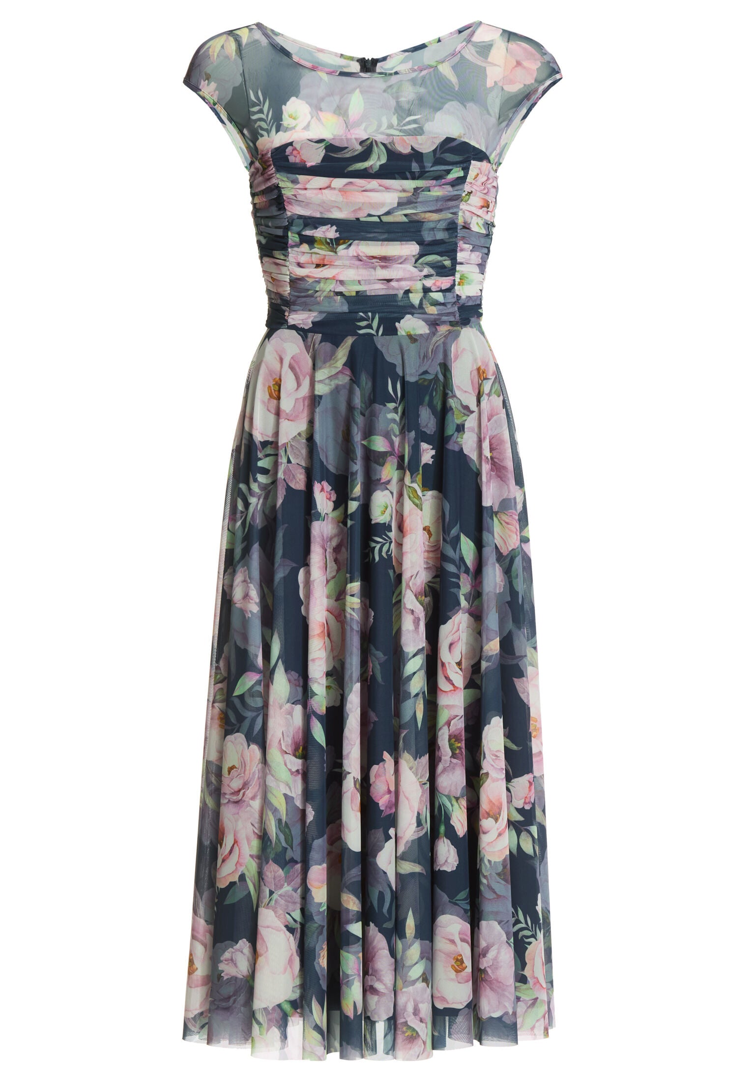 Cocktailkleid aus bedrucktem Mesh mit geraffter Korsage