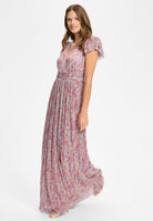 Abendkleid aus bedrucktem Plissee Jersey mit betonter Schulter