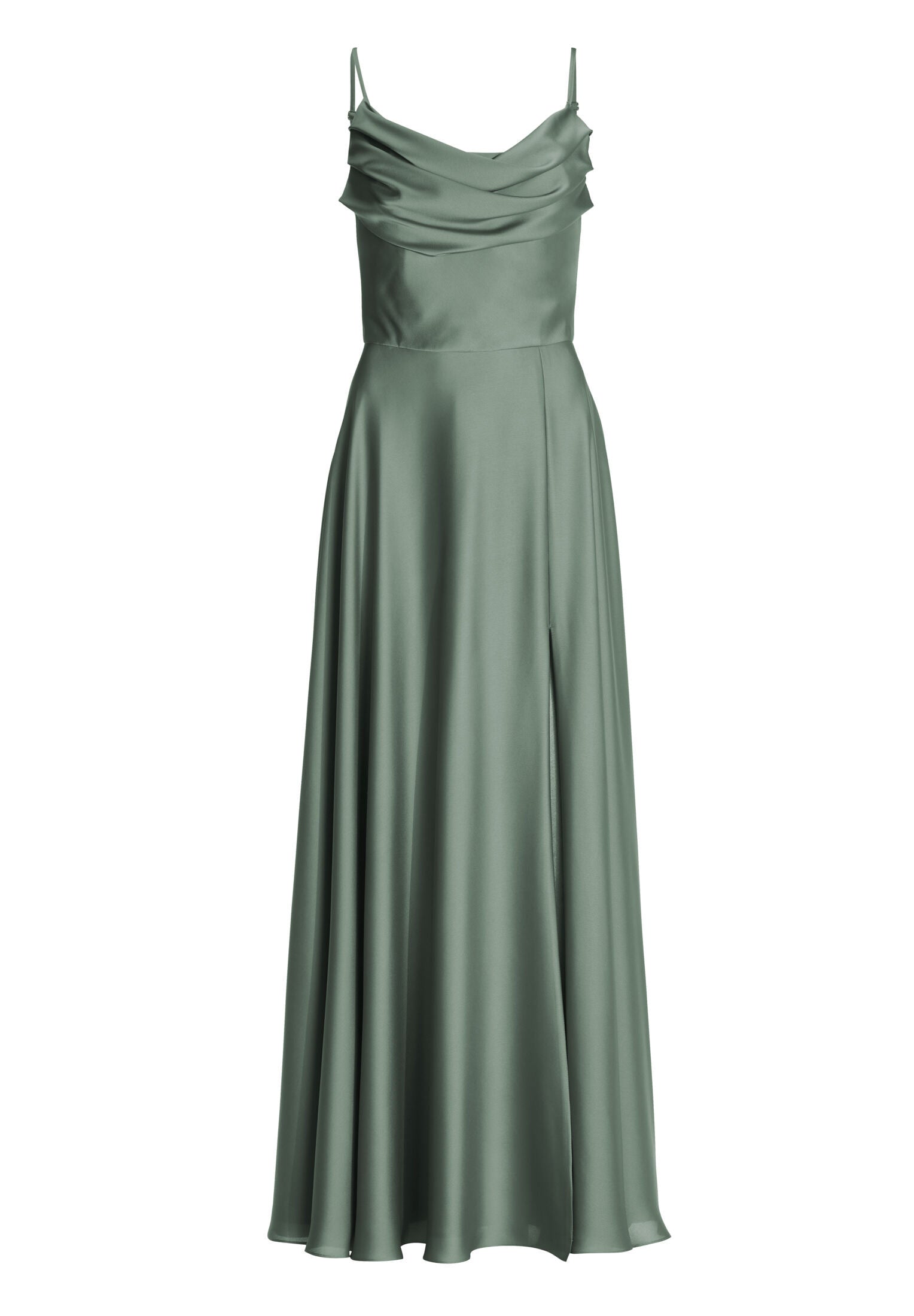 Abendkleid aus nachhaltigem Satin mit Wasserfall-Ausschnitt und Beinschlitz