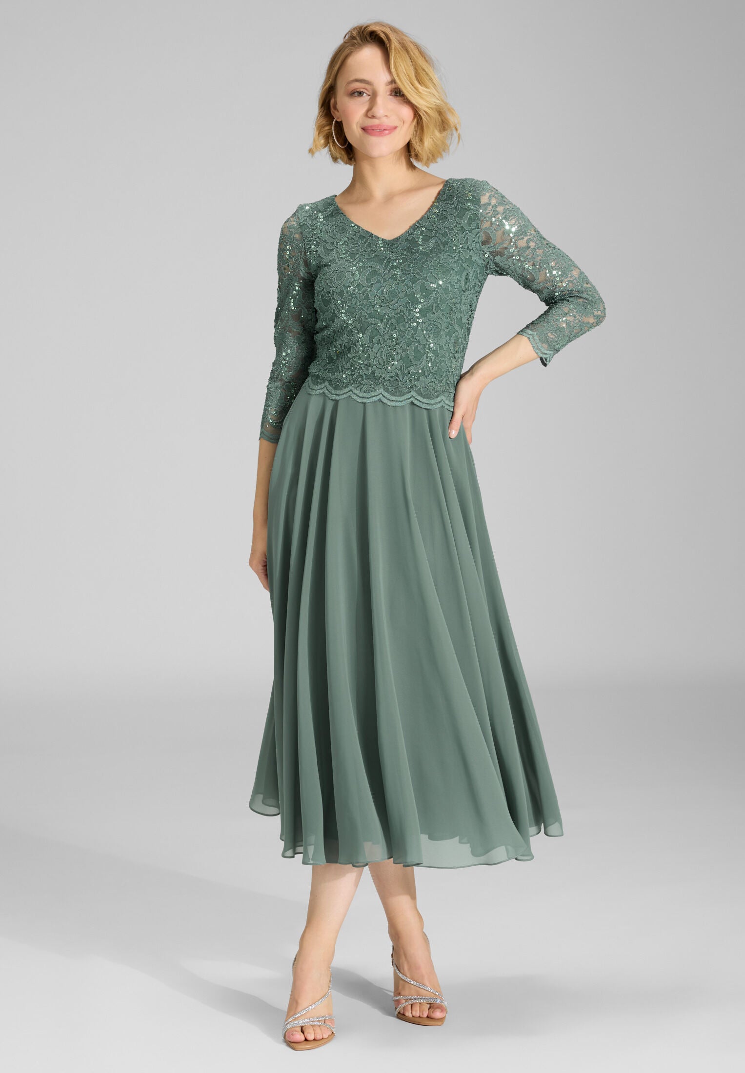 Midi Kleid mit paillettenbesetztem Spitzenoberteil deep slate