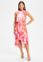 Cocktail Kleid aus bedrucktem Chiffon mit Volant am Saum hibiskus pink | multi