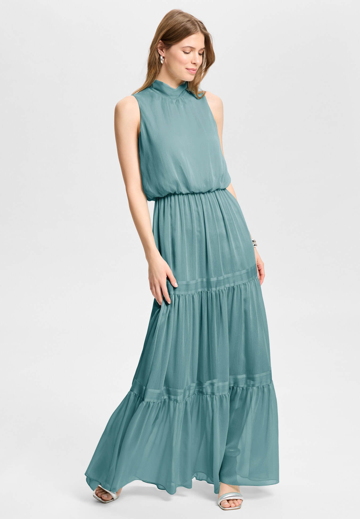 Abendkleid aus Crinkle Chiffon mit Stufenrock teal green