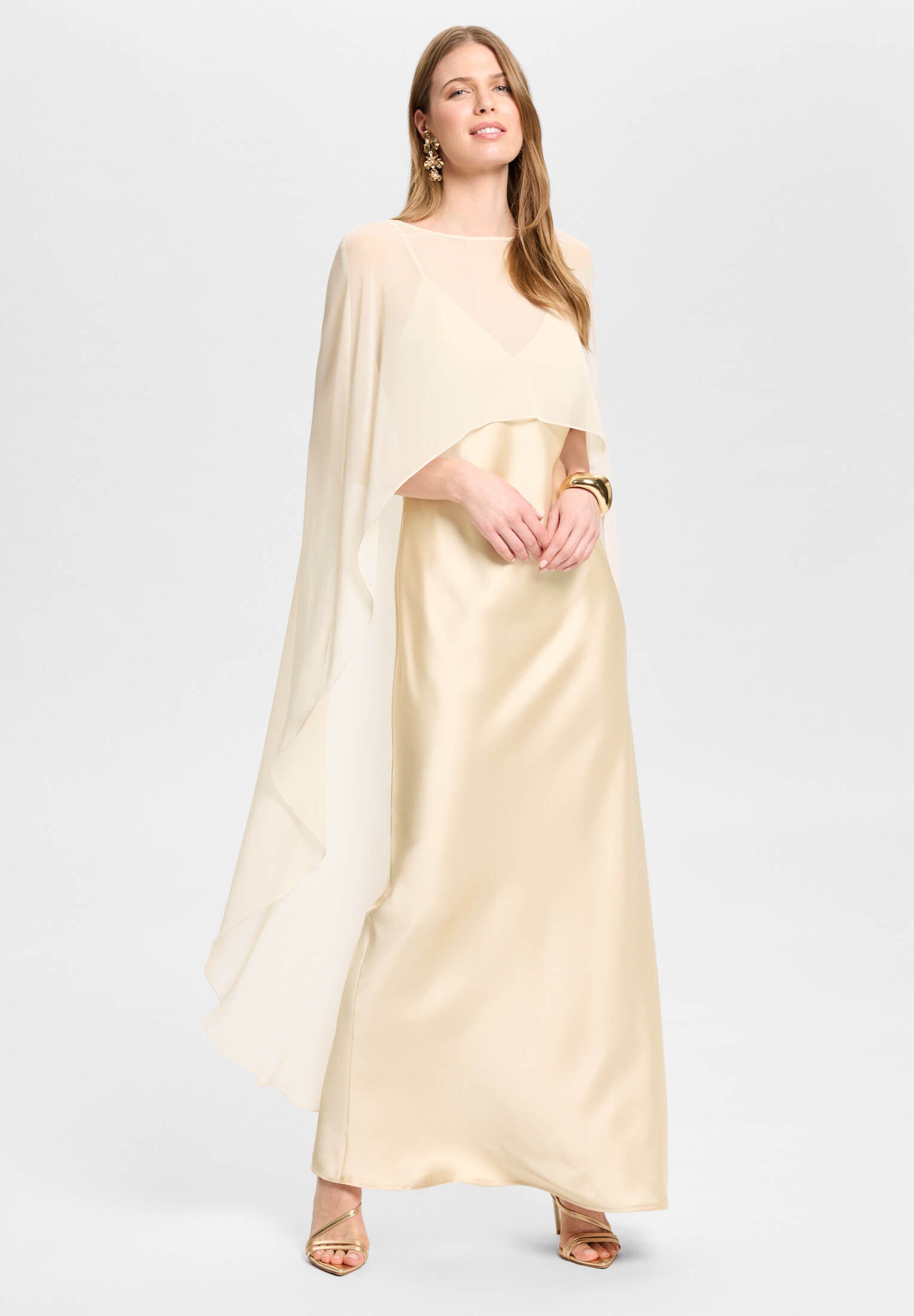 Abendkleid aus Satin mit abnehmbarem Chiffon Cape champagne beige