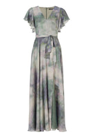 Abendkleid aus bedrucktem Satin mit gerüschten Ärmeln