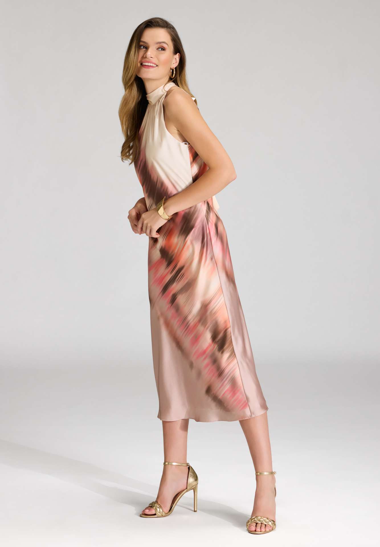 Bedrucktes Slip Dress aus Satin mit Stehkragen