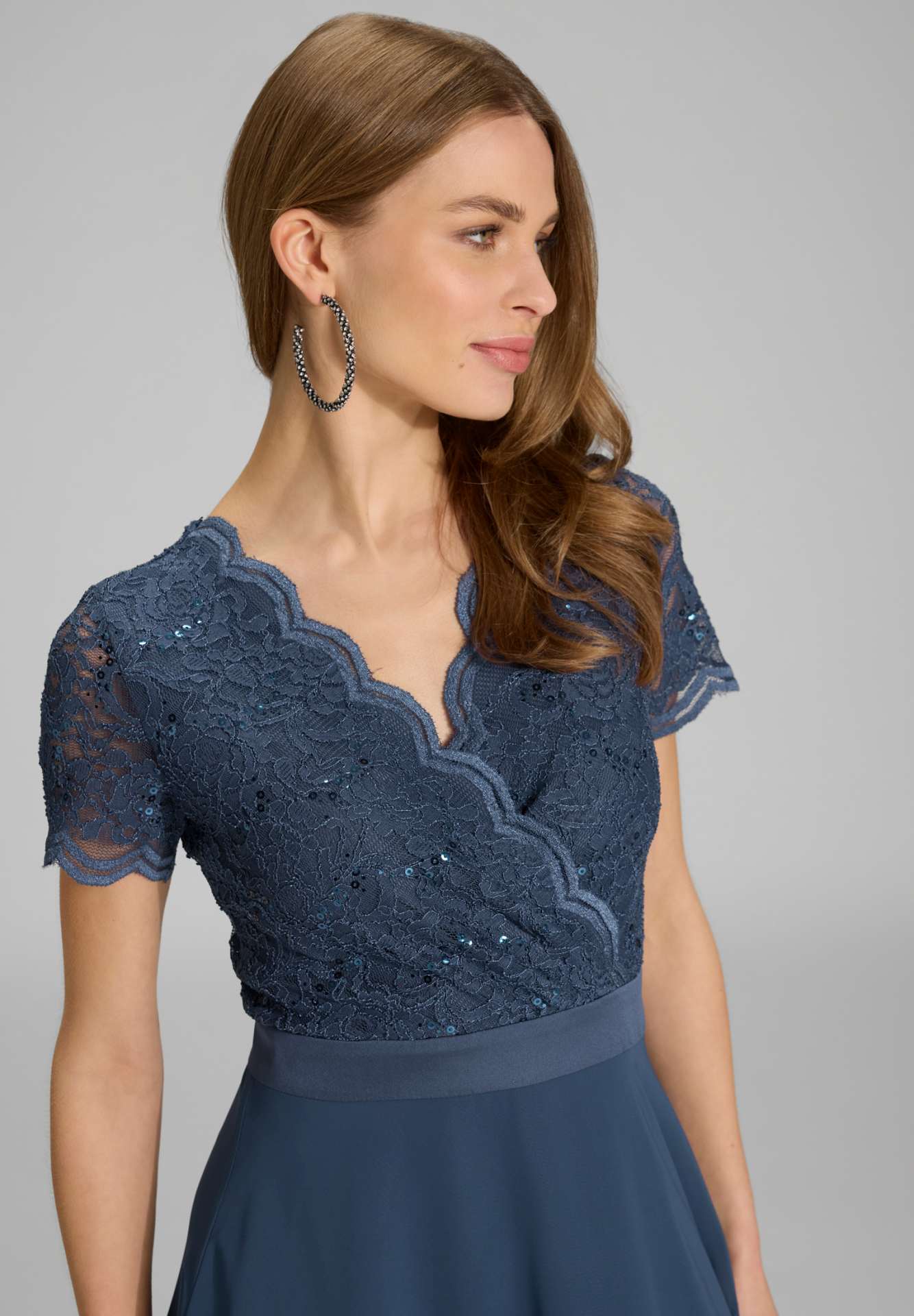 Cocktailkleid Halbarm aus Spitze-Chiffon-Mix