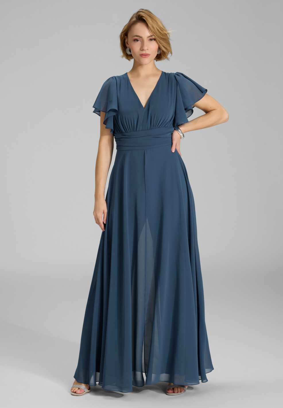 Chiffon Jumpsuit mit Überrock und Volantärmeln timeless blue
