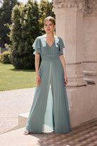 Chiffon Jumpsuit mit Überrock und Volantärmeln pistachio green