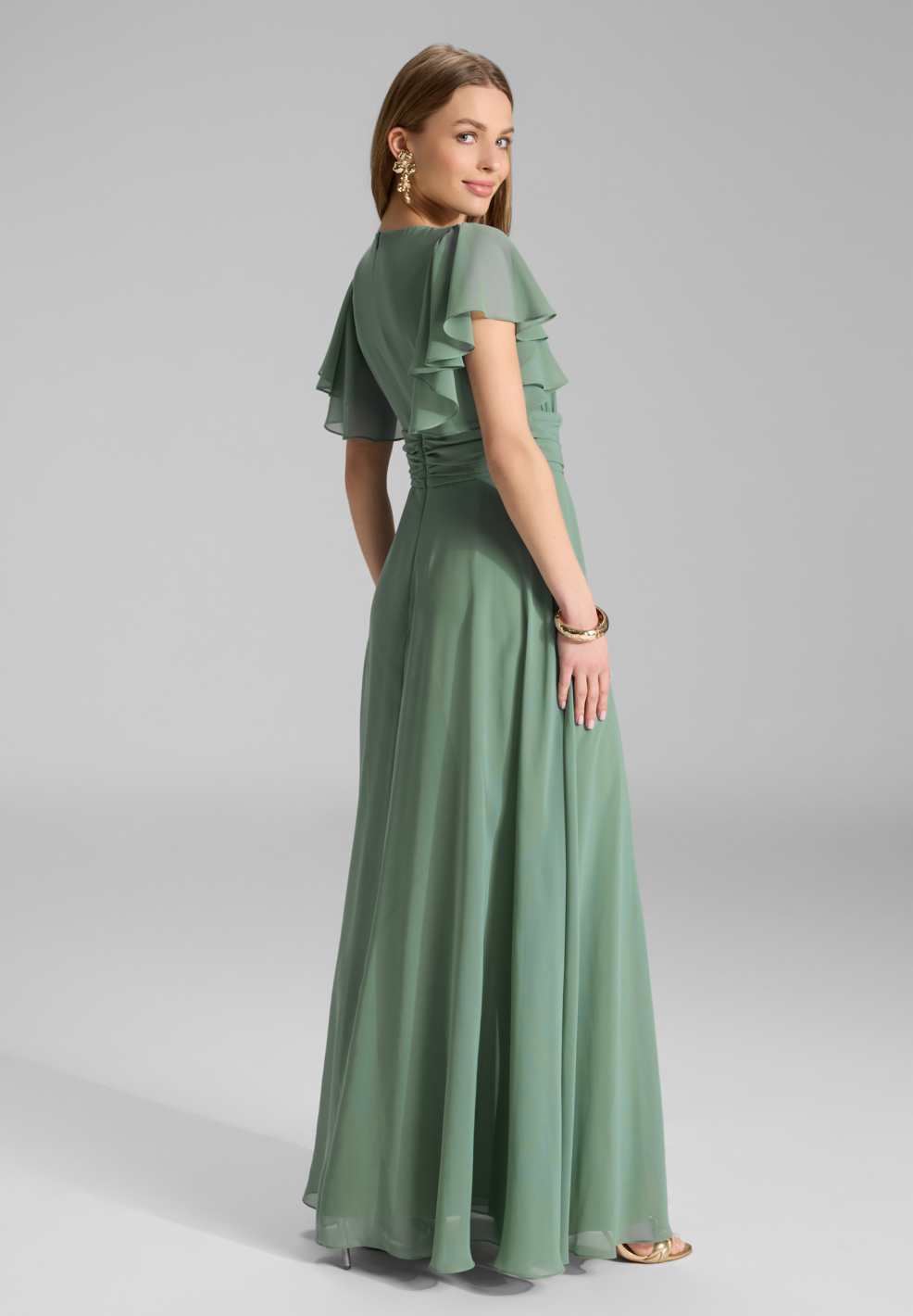 Chiffon Jumpsuit mit Überrock und Volantärmeln