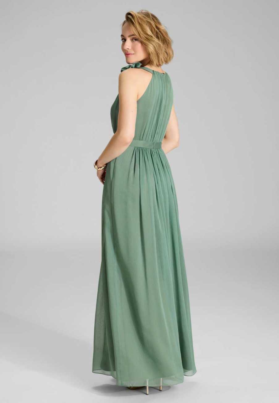 Abendkleid aus Crinkle Chiffon mit dekorativer Blüte