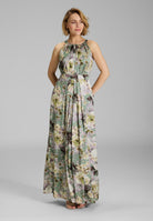 Maxi Kleid mit amerikanischem Ausschnitt aus nachhaltigem bedruckten Satin deep slate multi