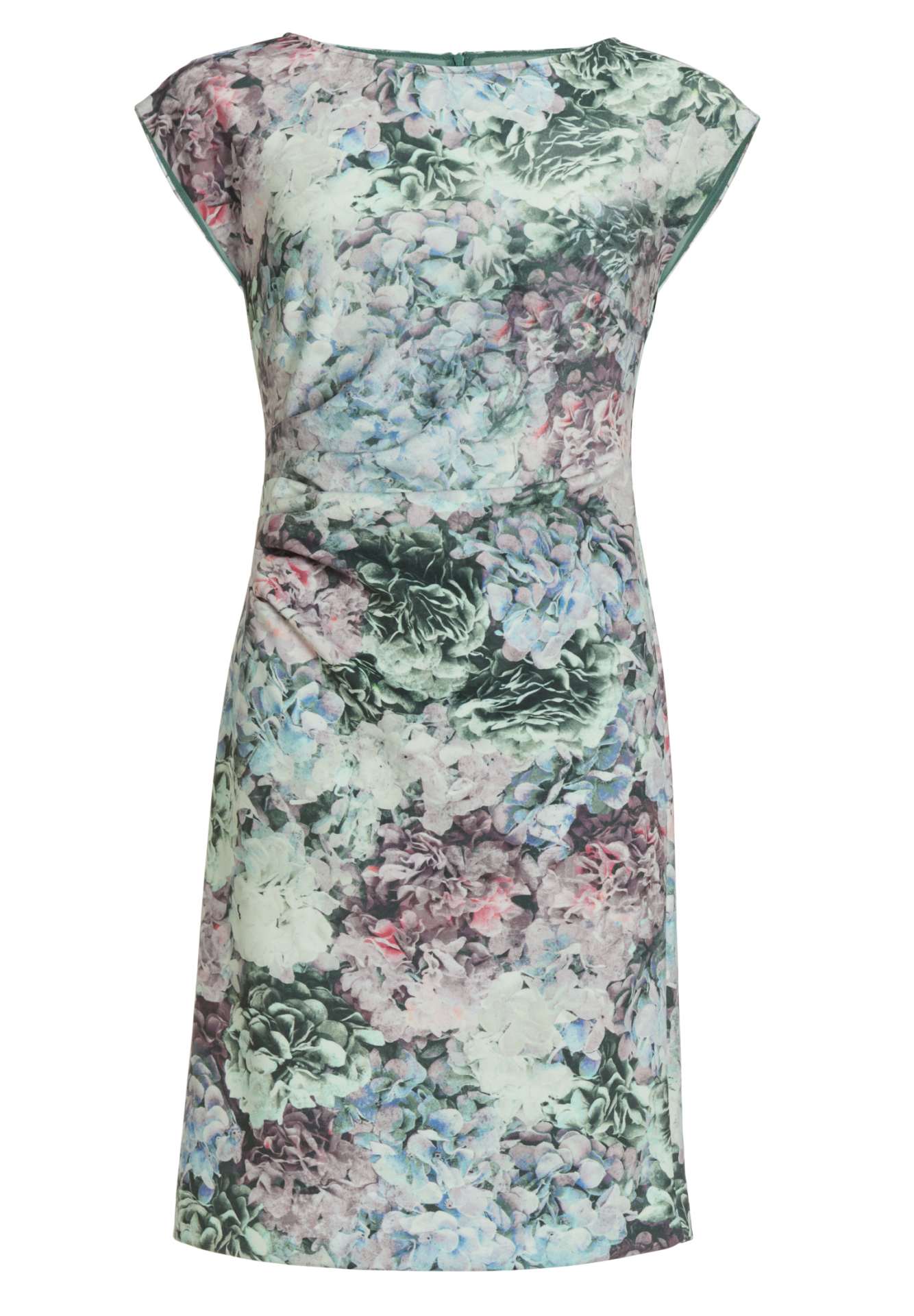 Etui Kleid aus floral bedrucktem Scuba mit Drapierung