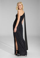 One-Shoulder Abendkleid aus foliertem Jersey mit Chiffon Schal