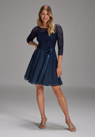 Cocktailkleid aus Paillettenspitze mit Chiffonrock navy