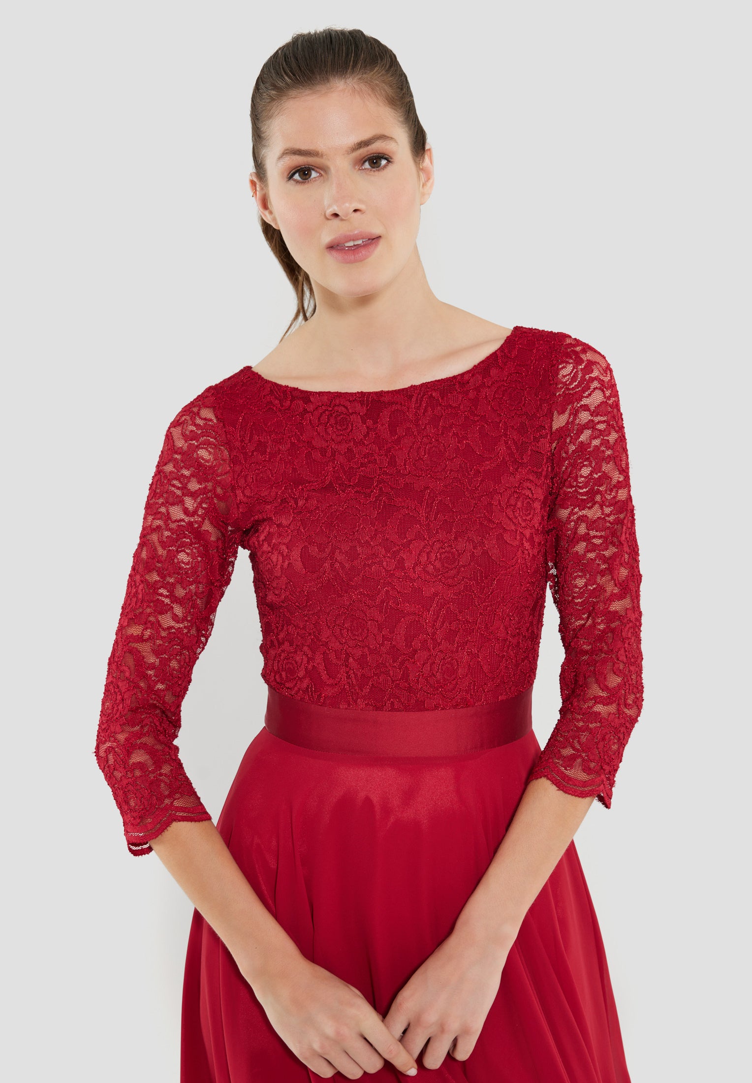 Abendkleid Midi mit Oberteil aus floraler Spitze und Chiffon Rock