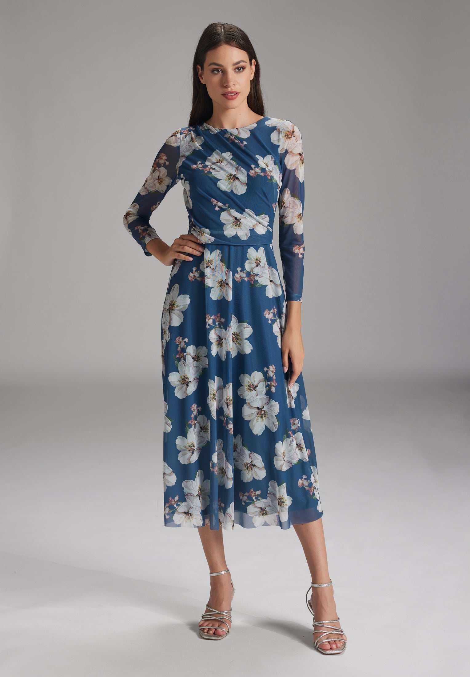 Midilanges Meshkleid mit 3/4-Arm faded blue | multi