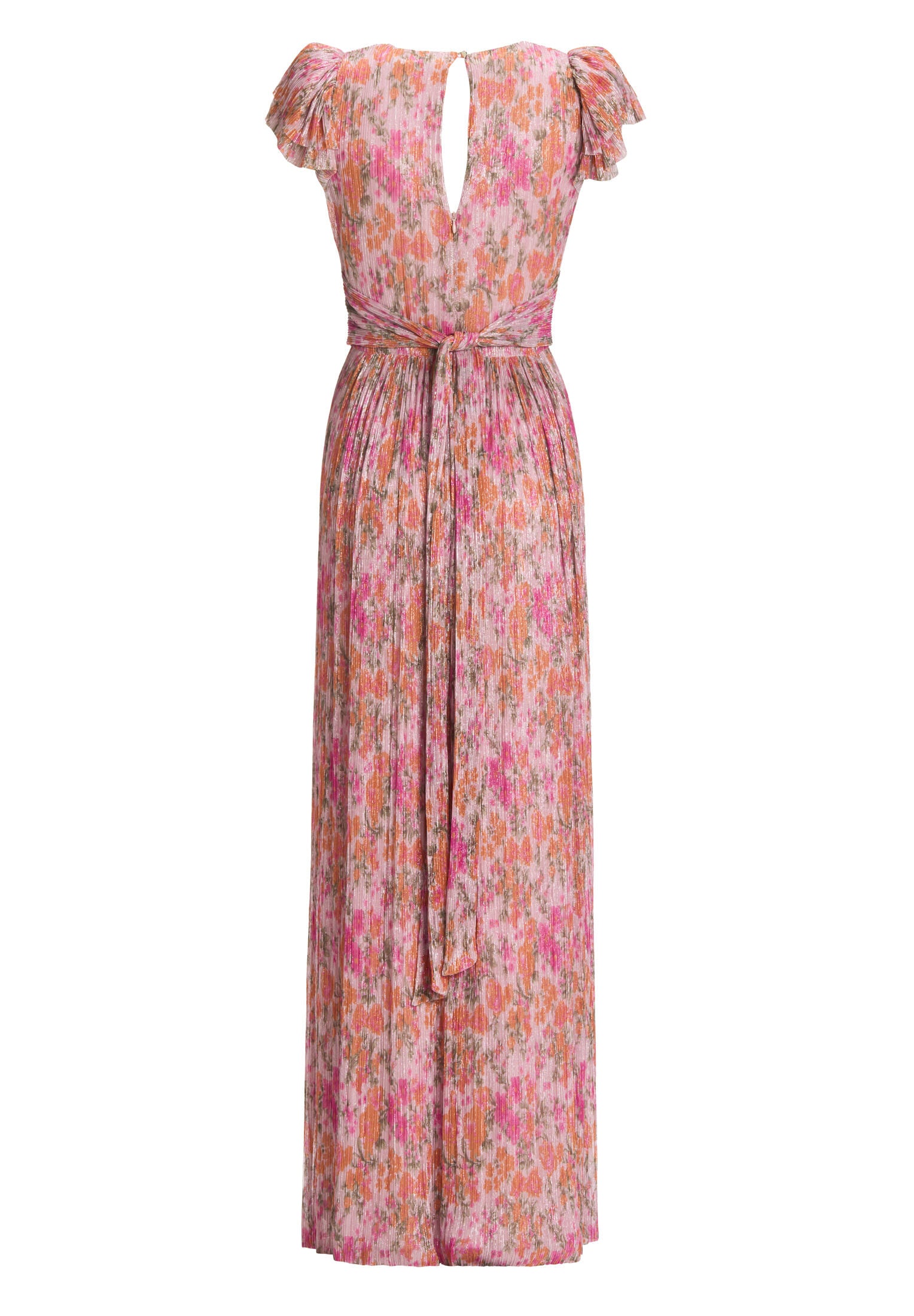 Abendkleid aus bedrucktem Plissee Jersey mit betonter Schulter