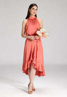 Cocktailkleid aus Satin mit Volant terracotta