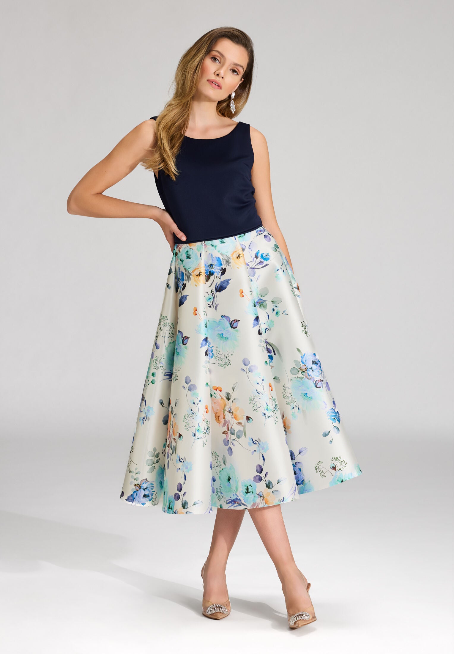Cocktailkleid aus bedrucktem Twill mit Scuba Oberteil ivory | multi