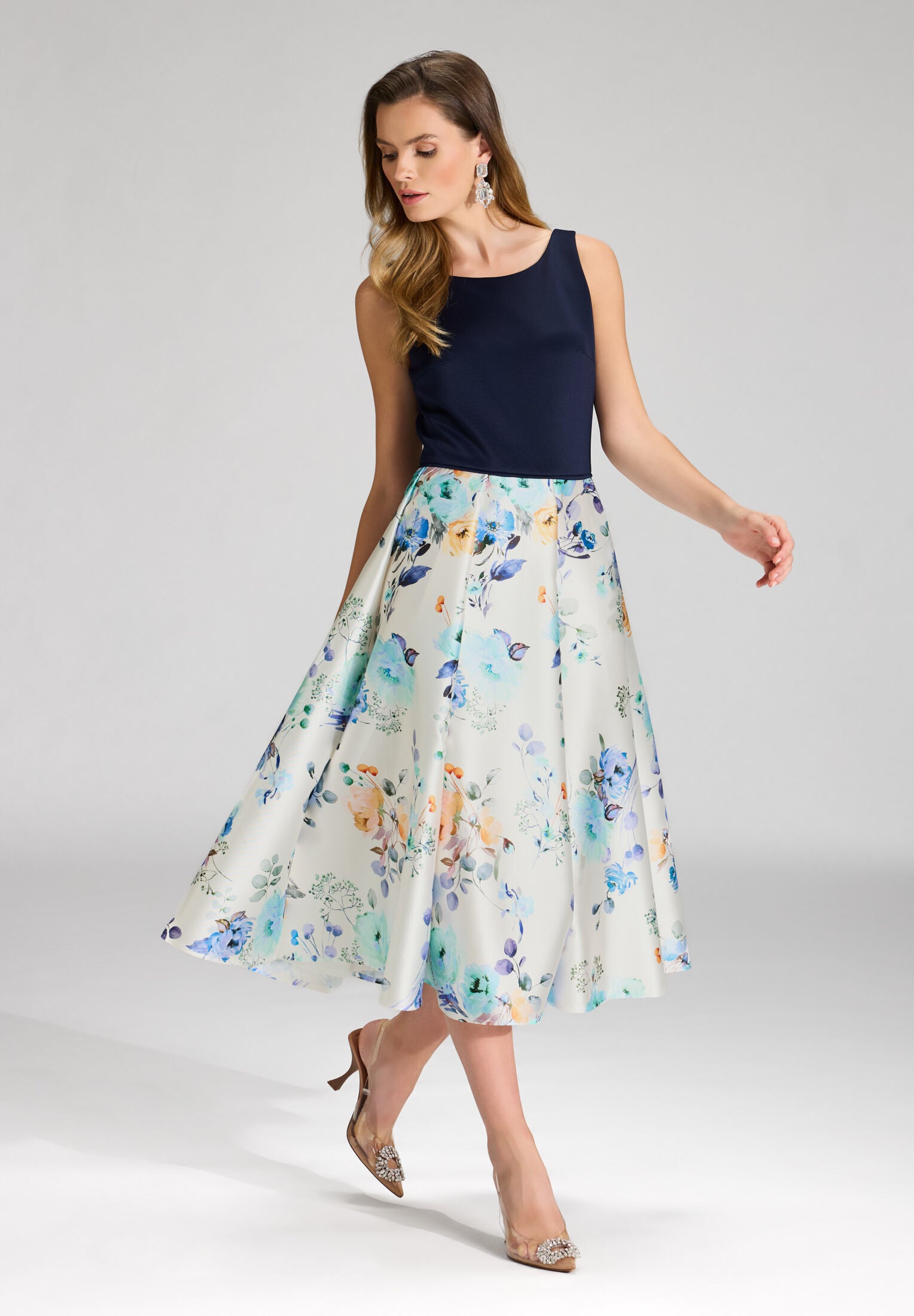 Cocktailkleid aus bedrucktem Twill mit Scuba Oberteil