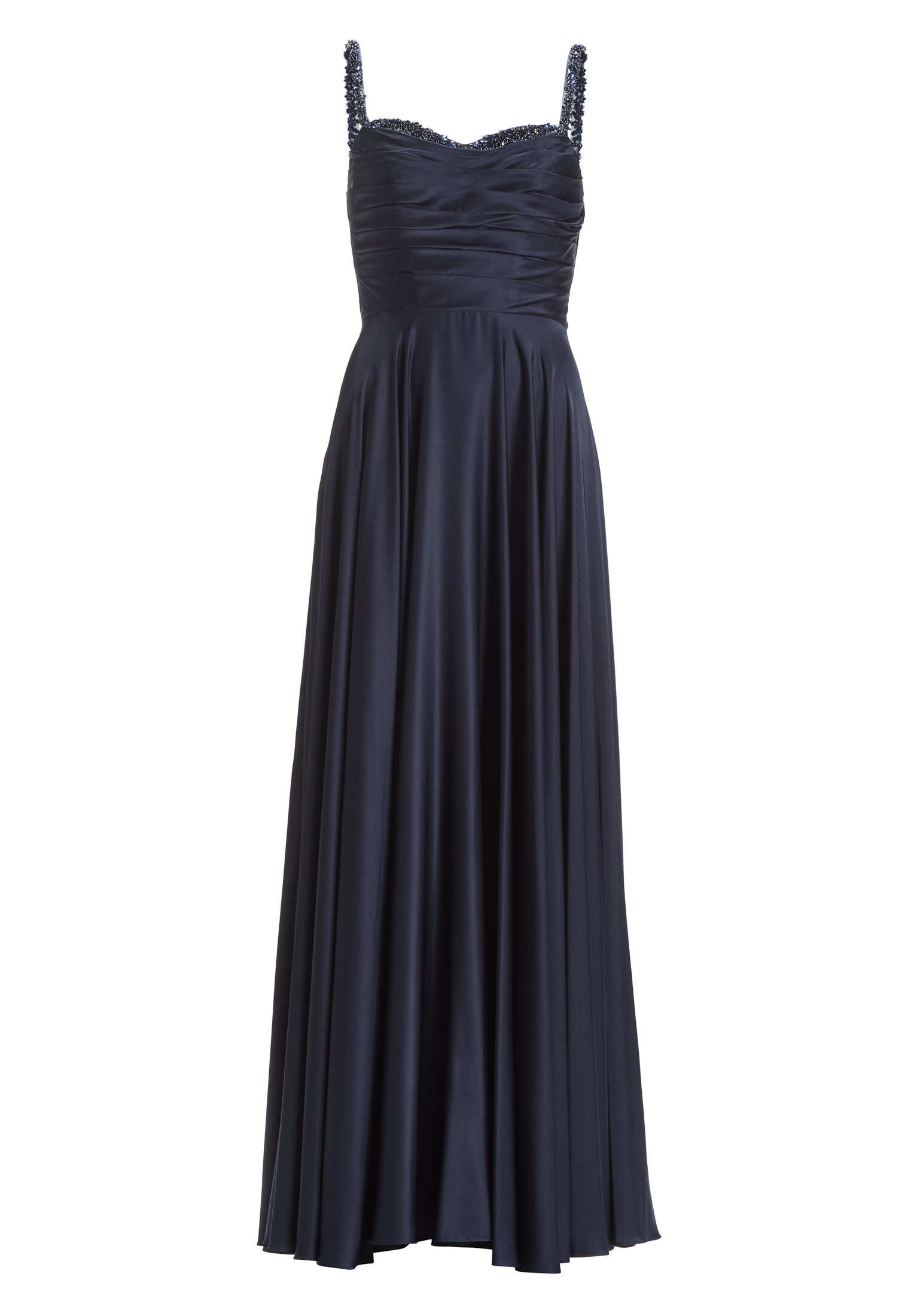 Satinkleid mit drapiertem Top und bestickten Trägern