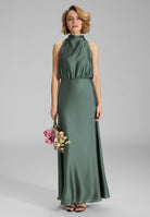 Abendkleid aus nachhaltigem Satin mit Drapierung am Kragen deep slate