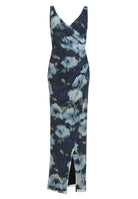 Figurbetontes Abendkleid aus Mesh mit Ikat Druck
