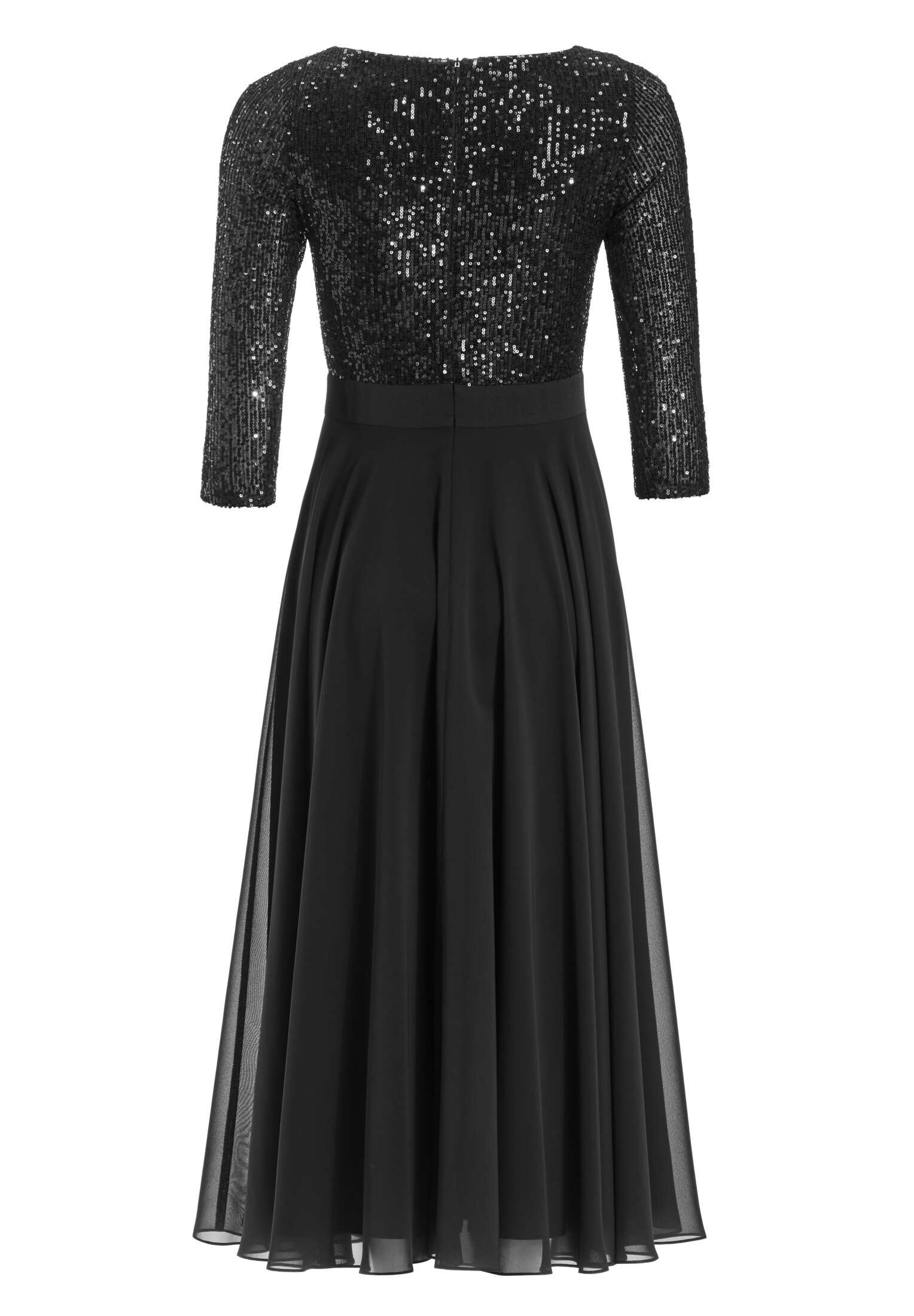 Cocktailkleid in Midi Länge mit Top aus elastischer Paillette und Tellerrock in Chiffon