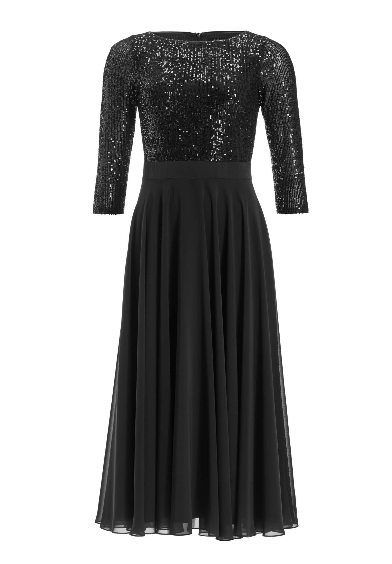 Cocktailkleid in Midi Länge mit Top aus elastischer Paillette und Tellerrock in Chiffon